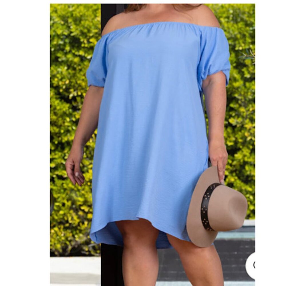 NWOT Off Shoulder Sky Blue Short Puff Sleeves Dress with Side Pockets